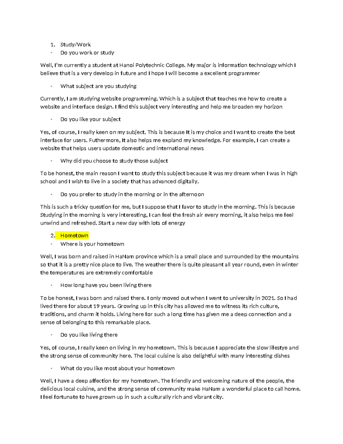 Speaking part 1 - IETLS - Study/Work Do you work or study Well, I’m ...