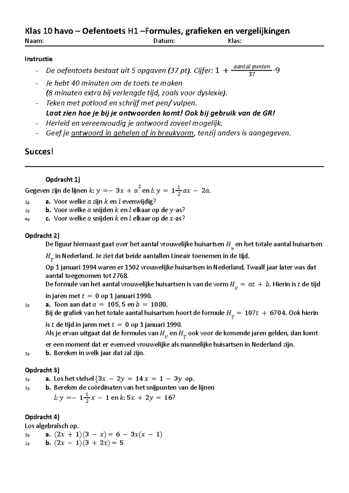 Oefentoets H1 - Formules, Grafieken En Vergelijkingen - Klas 10 Havo ...