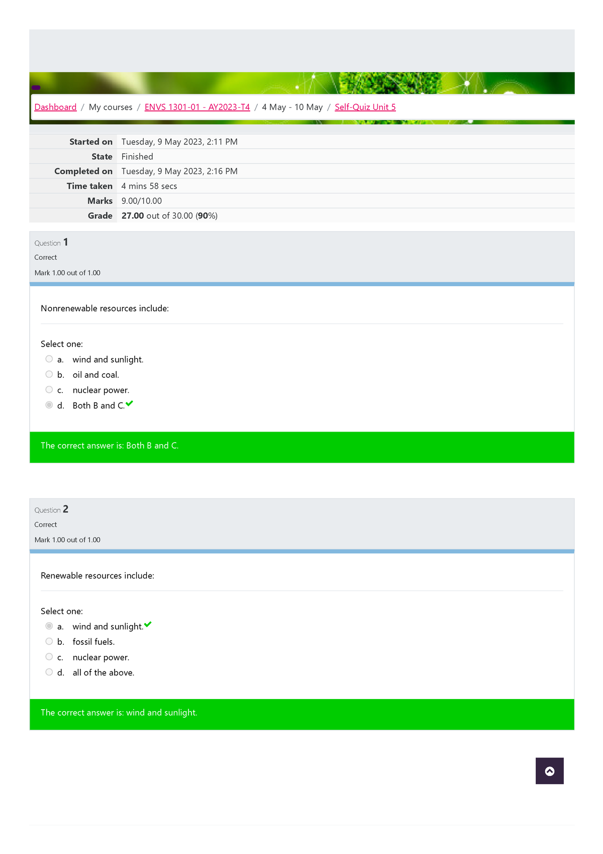 ENVS 1301 Self-Quiz Unit 5 Attempt Review 1 - Started On Tuesday, 9 May ...