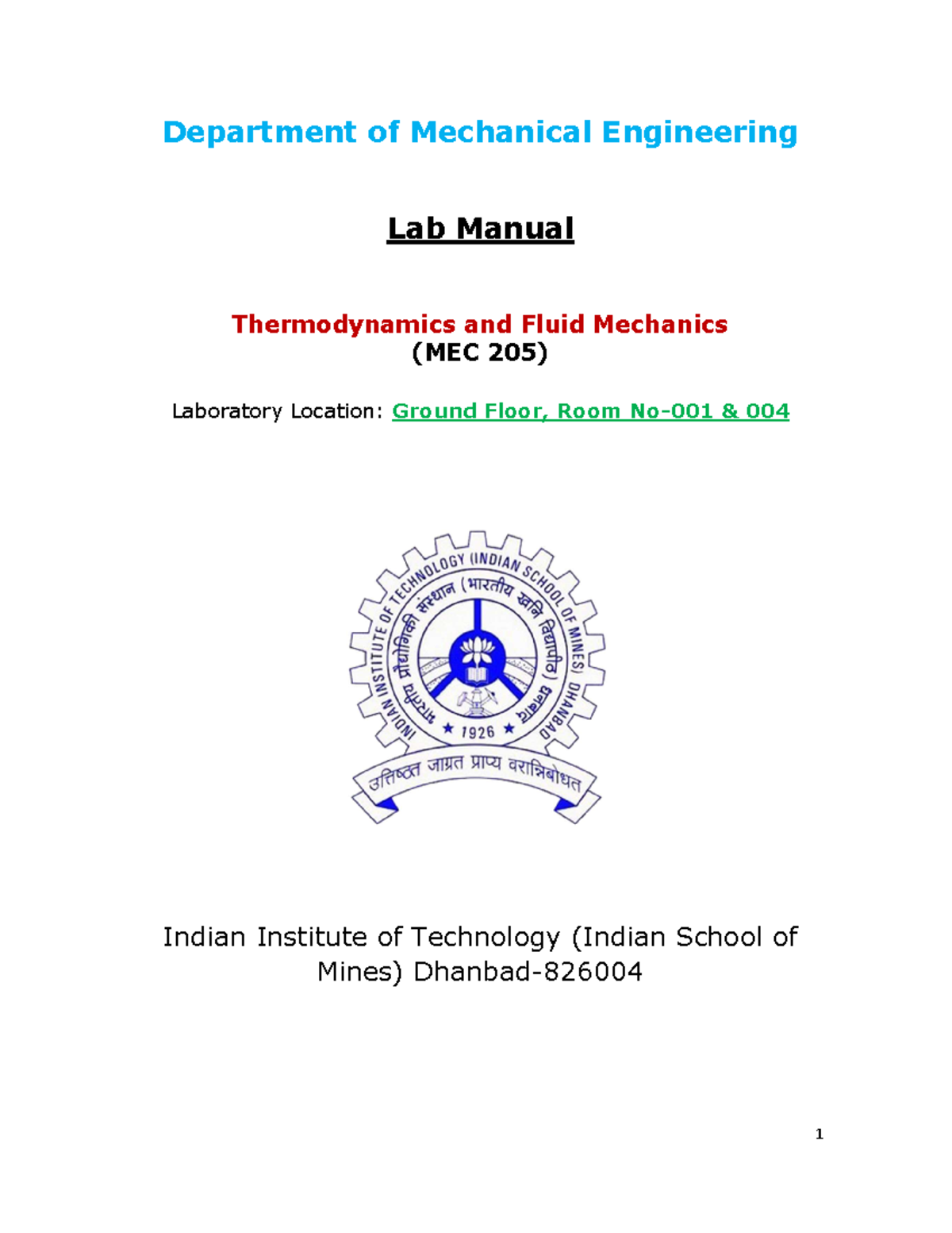 MEC 205 Thermodynamics and Fluid lab Department of Mechanical Engineering Lab Manual Studocu