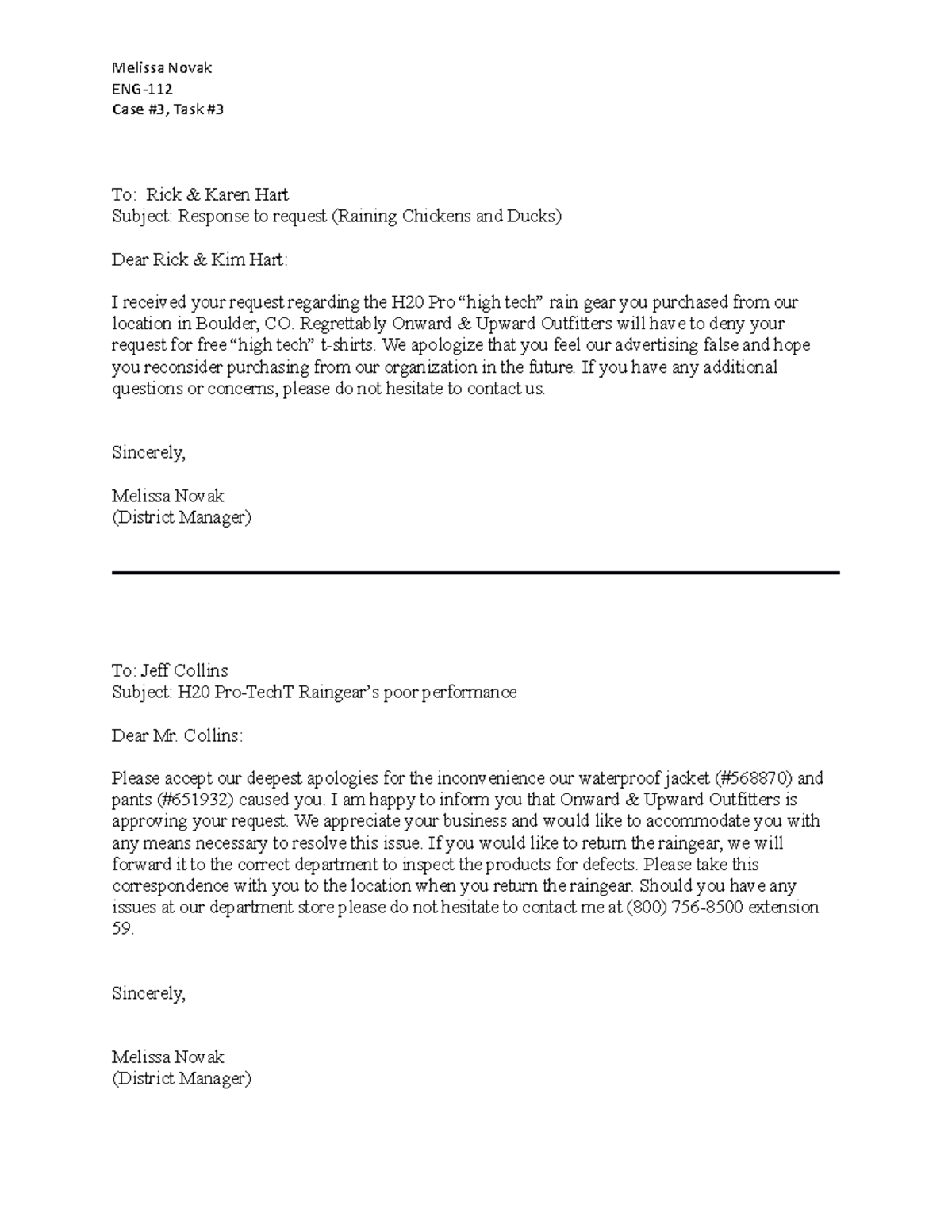 Case 3 Task 3 - Business Letter Assignment - Melissa Novak ENG- Case #3 ...