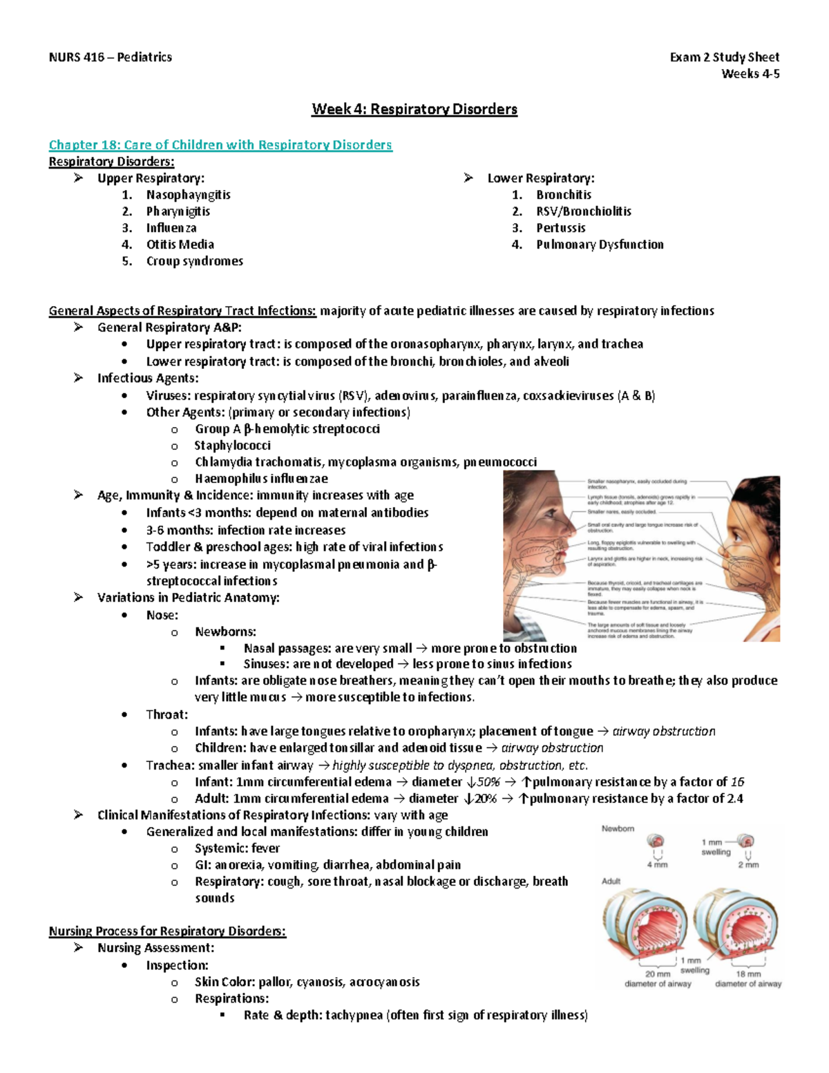 NURS 416 Exam 2 Study Sheet Weeks 4-5 - NURS 416 – Pediatrics Exam 2 ...