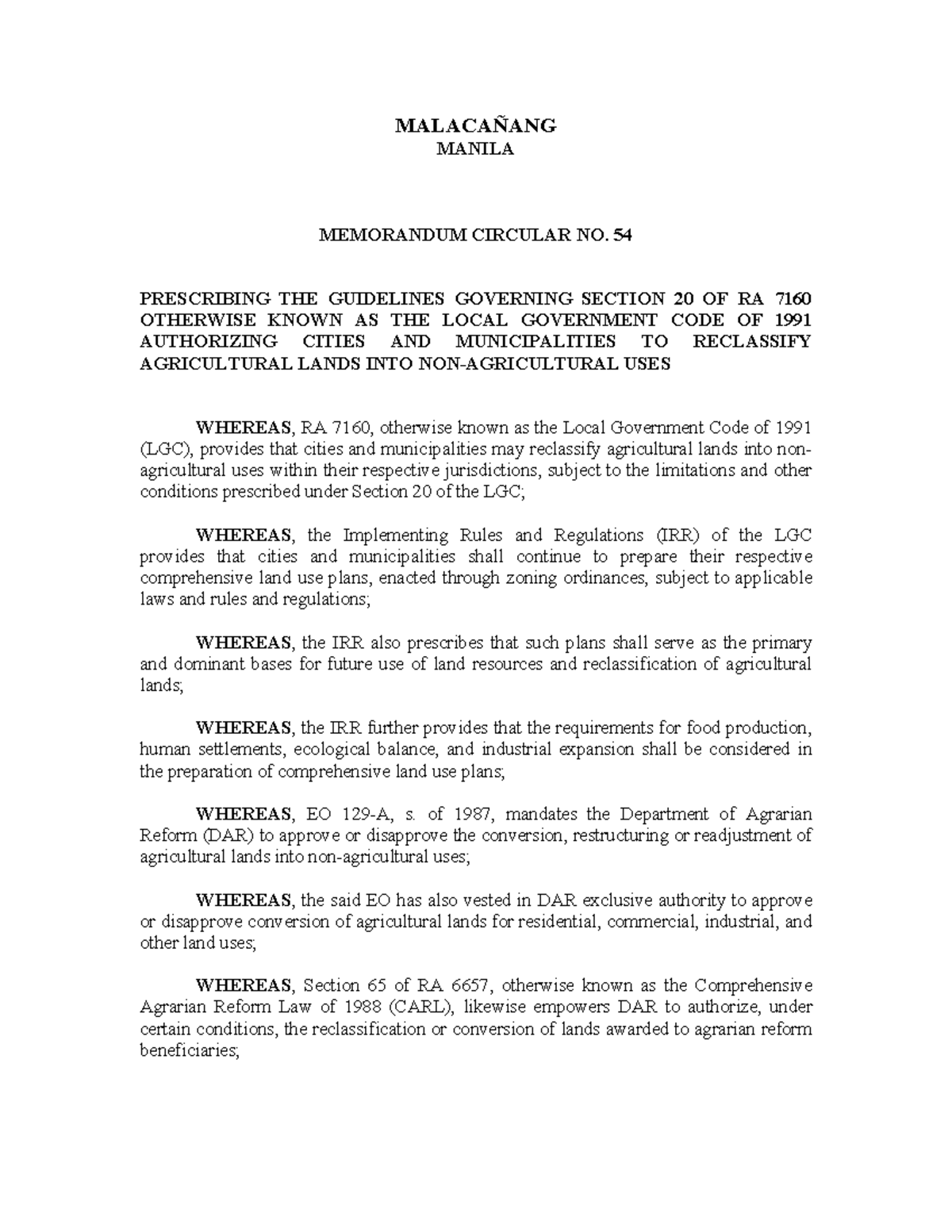 Dhsud Reclassification Mc 54 MALACA ANG MANILA MEMORANDUM CIRCULAR NO