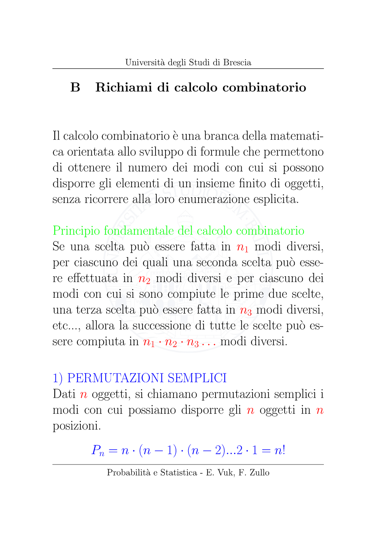 Appunti PS A2 Richiami Di Calcolo Combinatorio - Informatica - UniBs ...