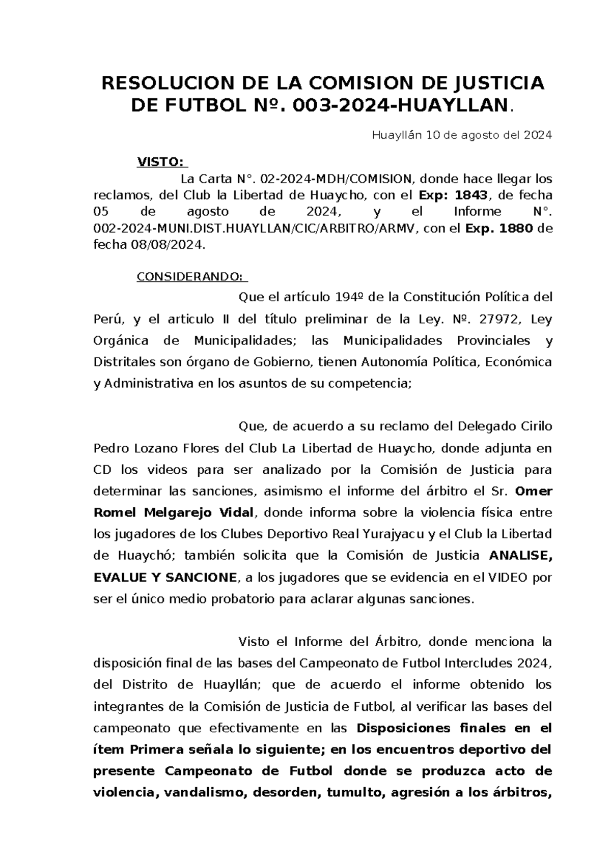 Resolucion DE LA Comision DE Justicia DE Futbol - Huaycho - RESOLUCION ...