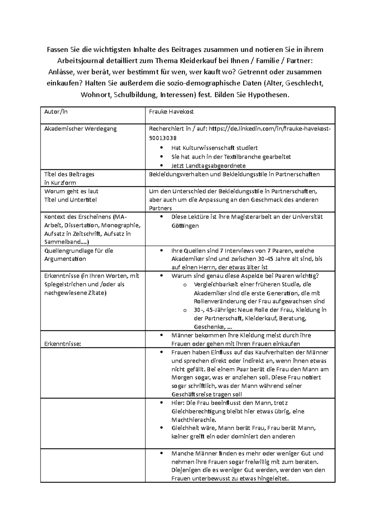 Arbeitsjournal Kleidung - Fassen Sie die wichtigsten Inhalte des ...
