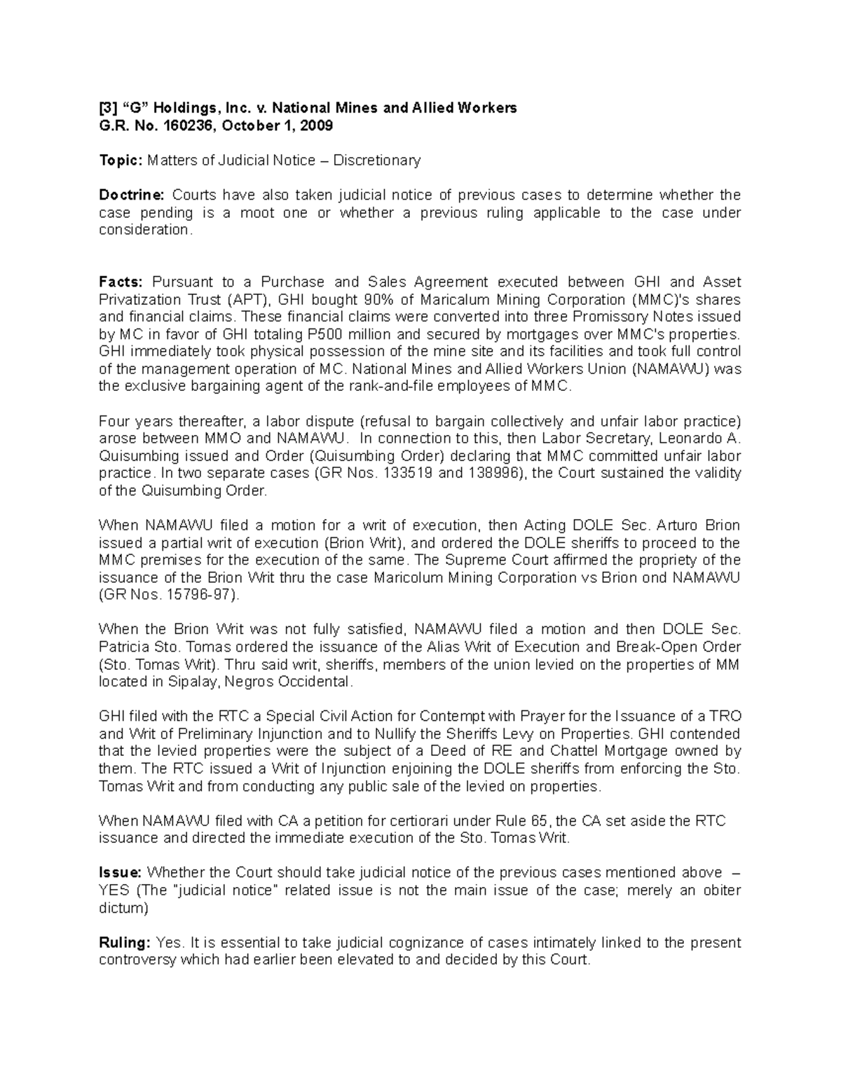 “G” Holdings, Inc. v. National Mines and Allied Workers [3] “G