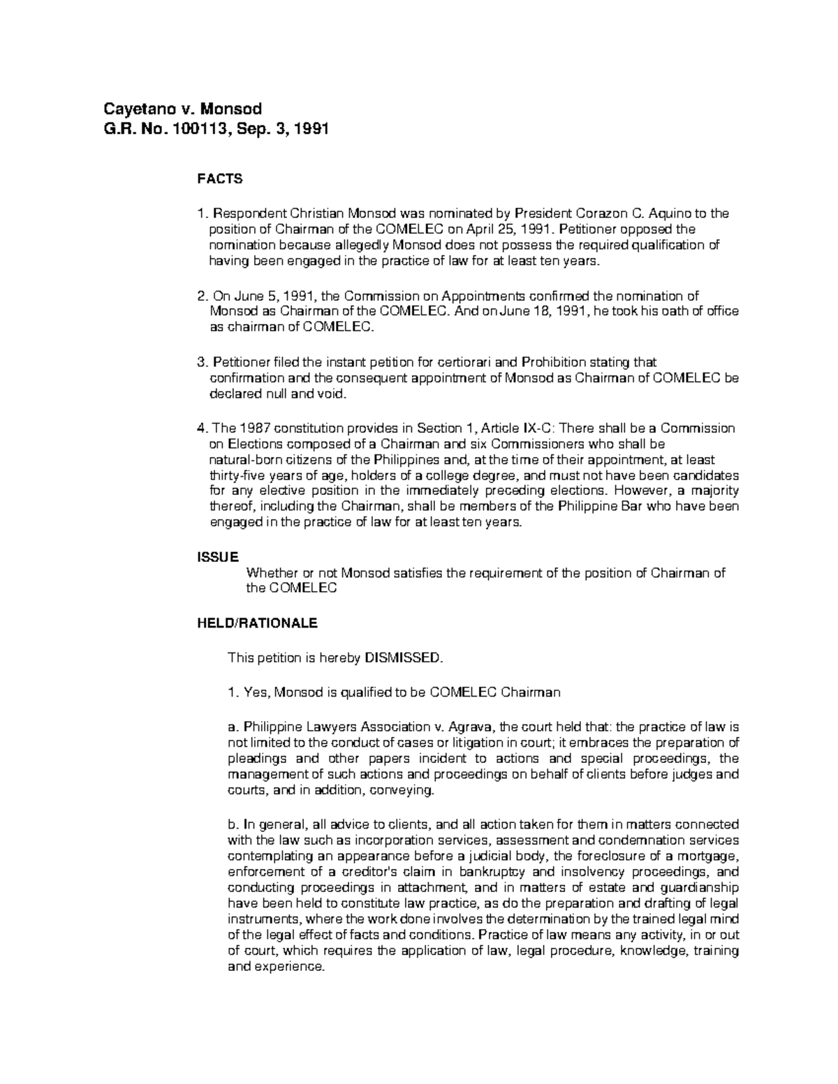 23 - Cayetano v. Monsod, G.R. No. 100113, Sep. 3, 1991 - Cayetano v ...