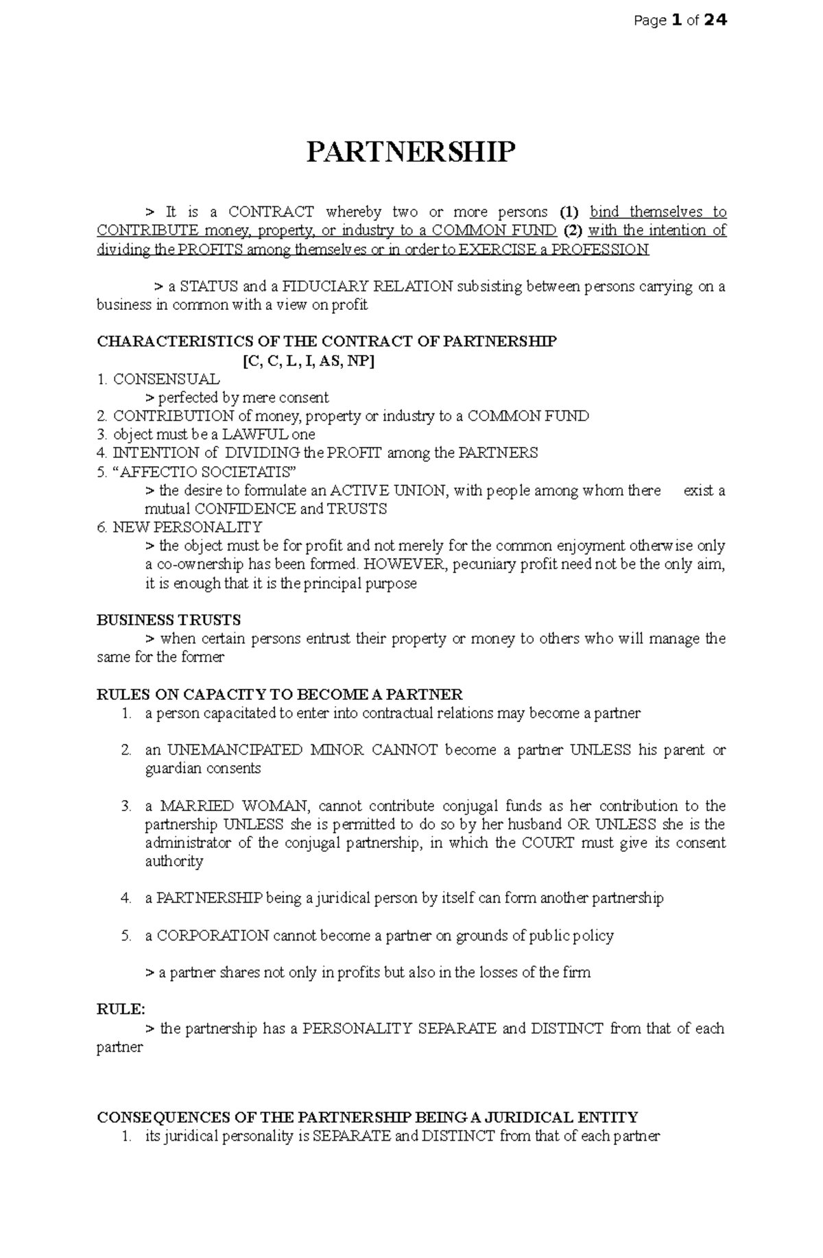 LAW ON Partnership Reviewer - Page 1 Of 24 PARTNERSHIP It Is A CONTRACT ...