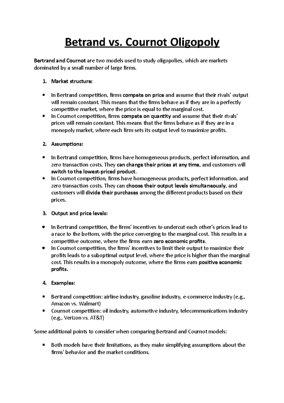 Bertrand vs Cournot Oligopoly Betrand vs. Cournot Oligopoly Bertrand