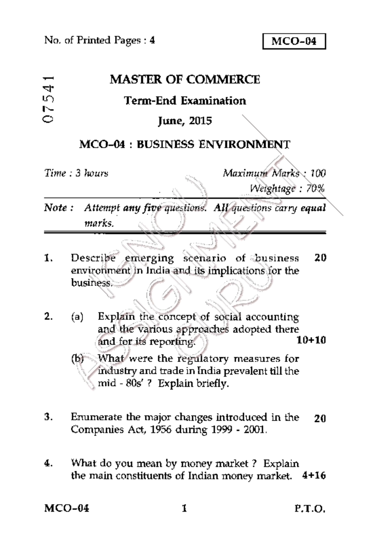 MCO-4 JUNE-2015 - MCO-04 Question Paper June-2015 - No. Of Printed ...