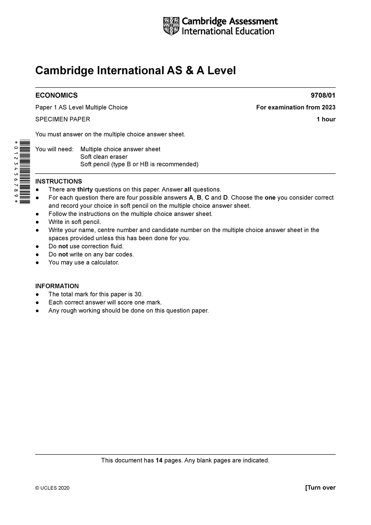 596269 2023 Specimen Paper 1 Cambridge International As And A Level Economics 9708 Paper 1 As 5450