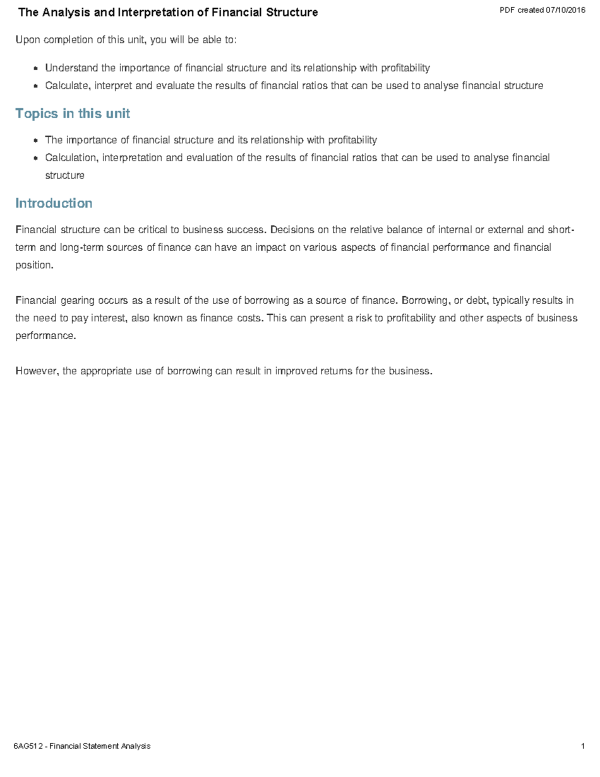 Unit 6 - The Analysis and Interpretation of Financial Structure - Upon ...