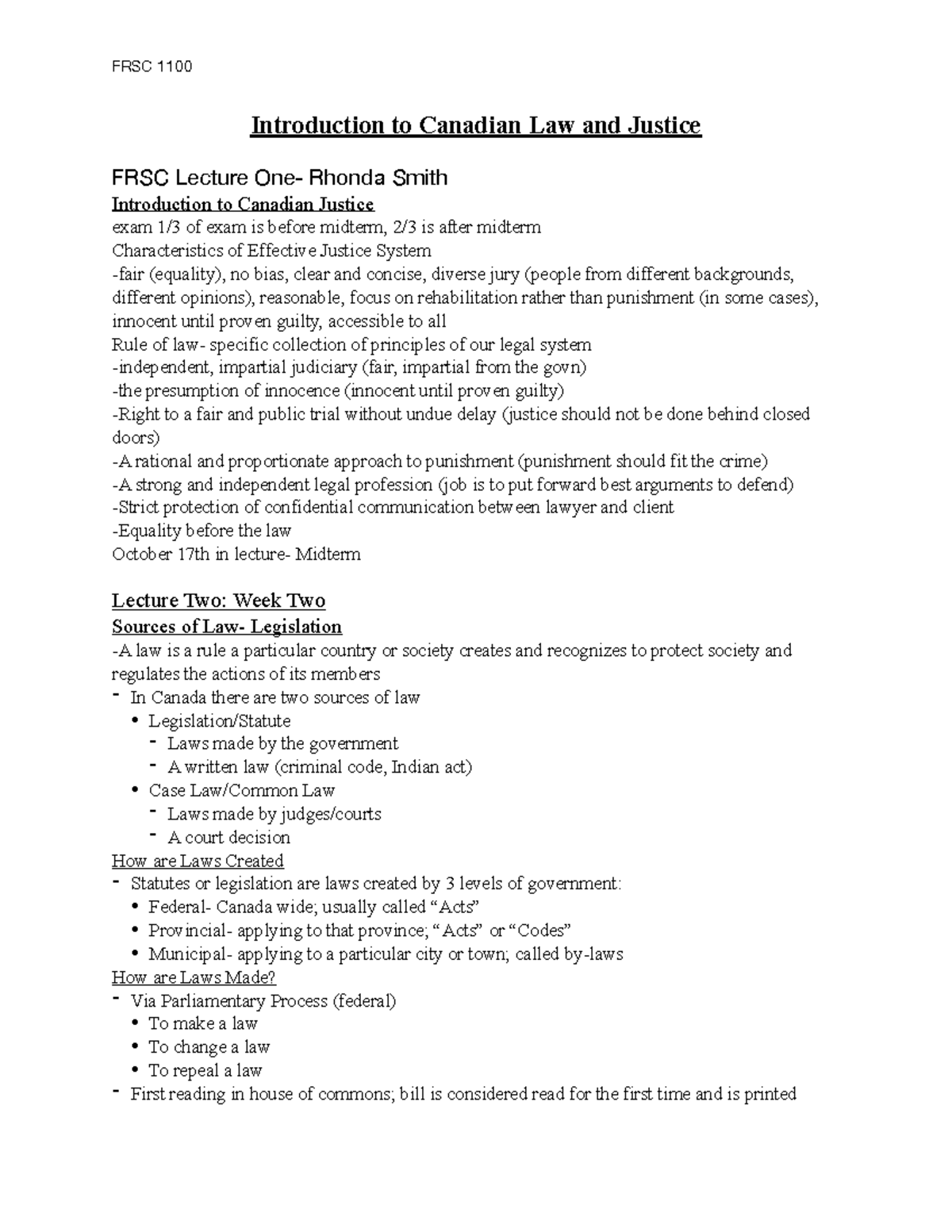 FRSC 1100 Lecture Notes - Introduction to Canadian Law and Justice FRSC ...