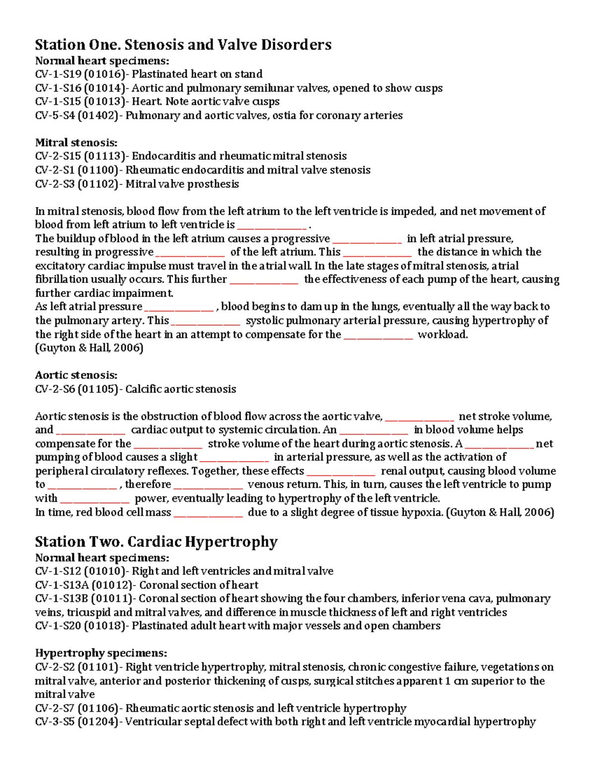 Cardio lab skeleton notes - Station One. Stenosis and Valve Disorders ...