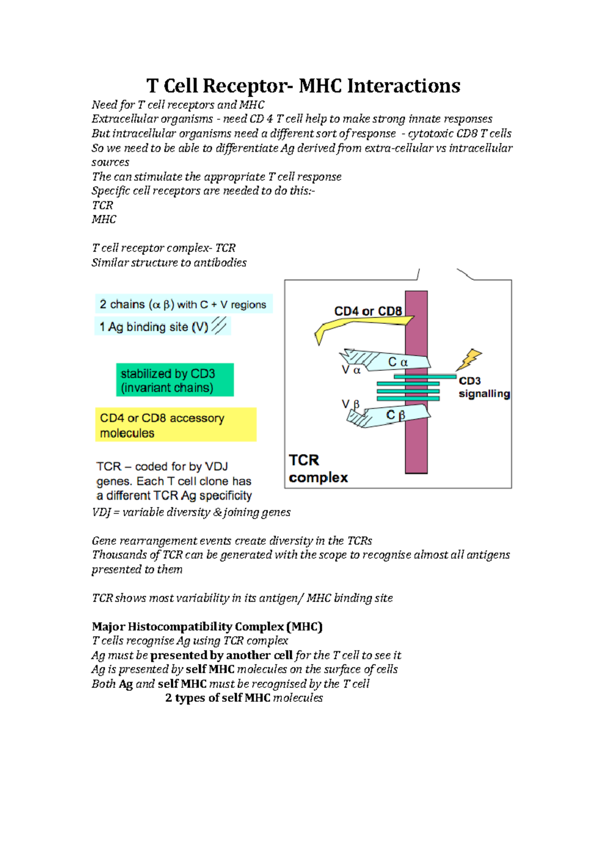 T Cell MHC - Lecture notes Semester 1 - T Cell Receptor- MHC ...