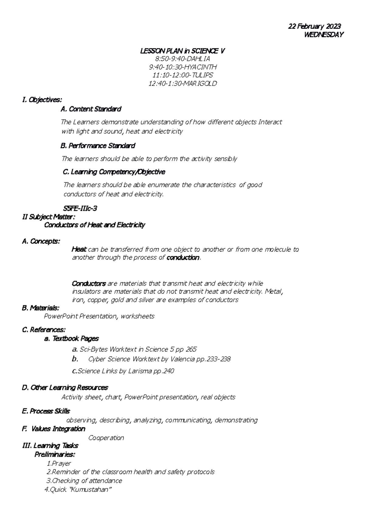 Science 5-DLP-Feb 23, 2023 - 22 February 2023 WEDNESDAY LESSON PLAN in ...