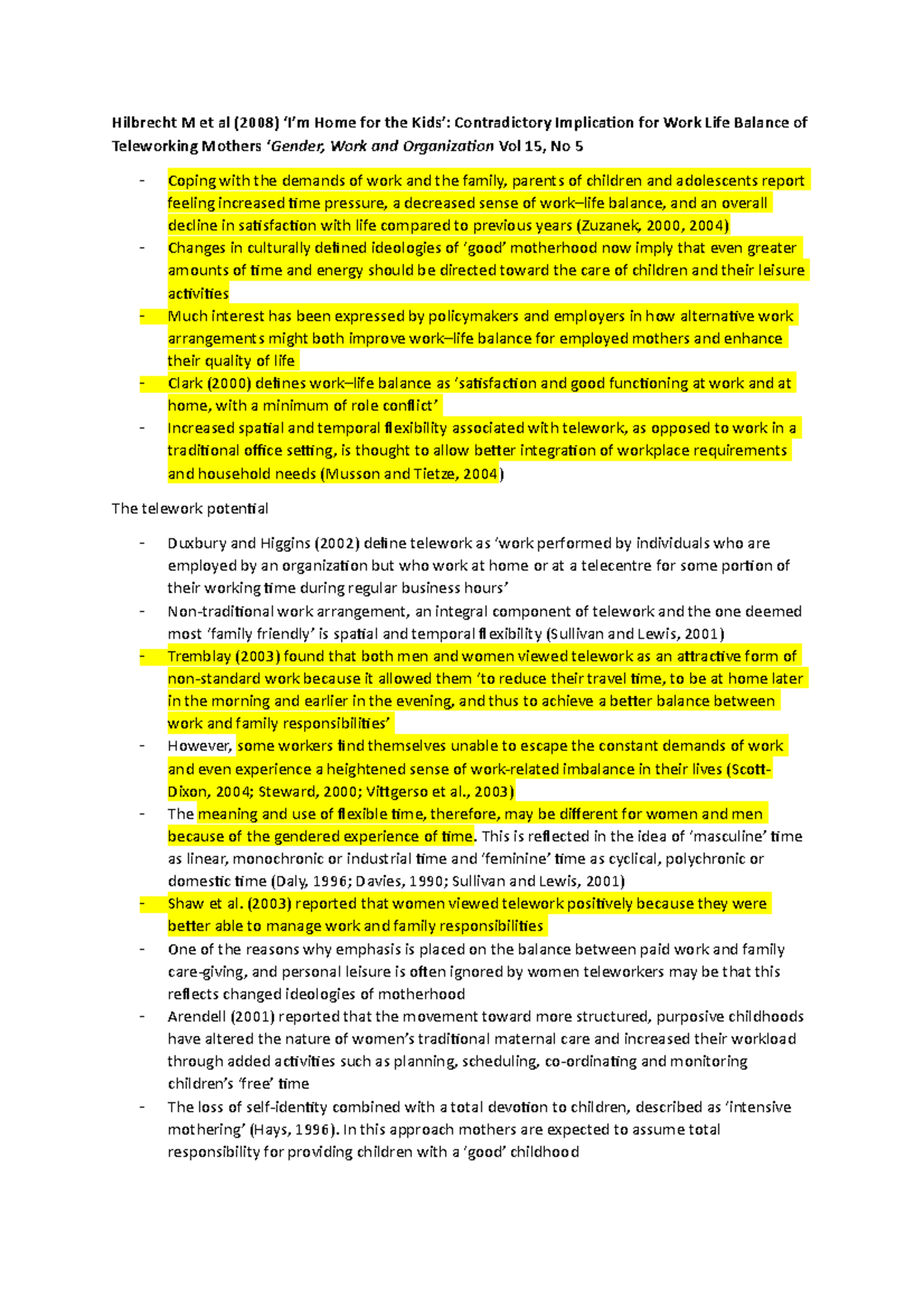 Gender reading notes - Hilbrecht M et al (2008) ‘I’m Home for the Kids ...