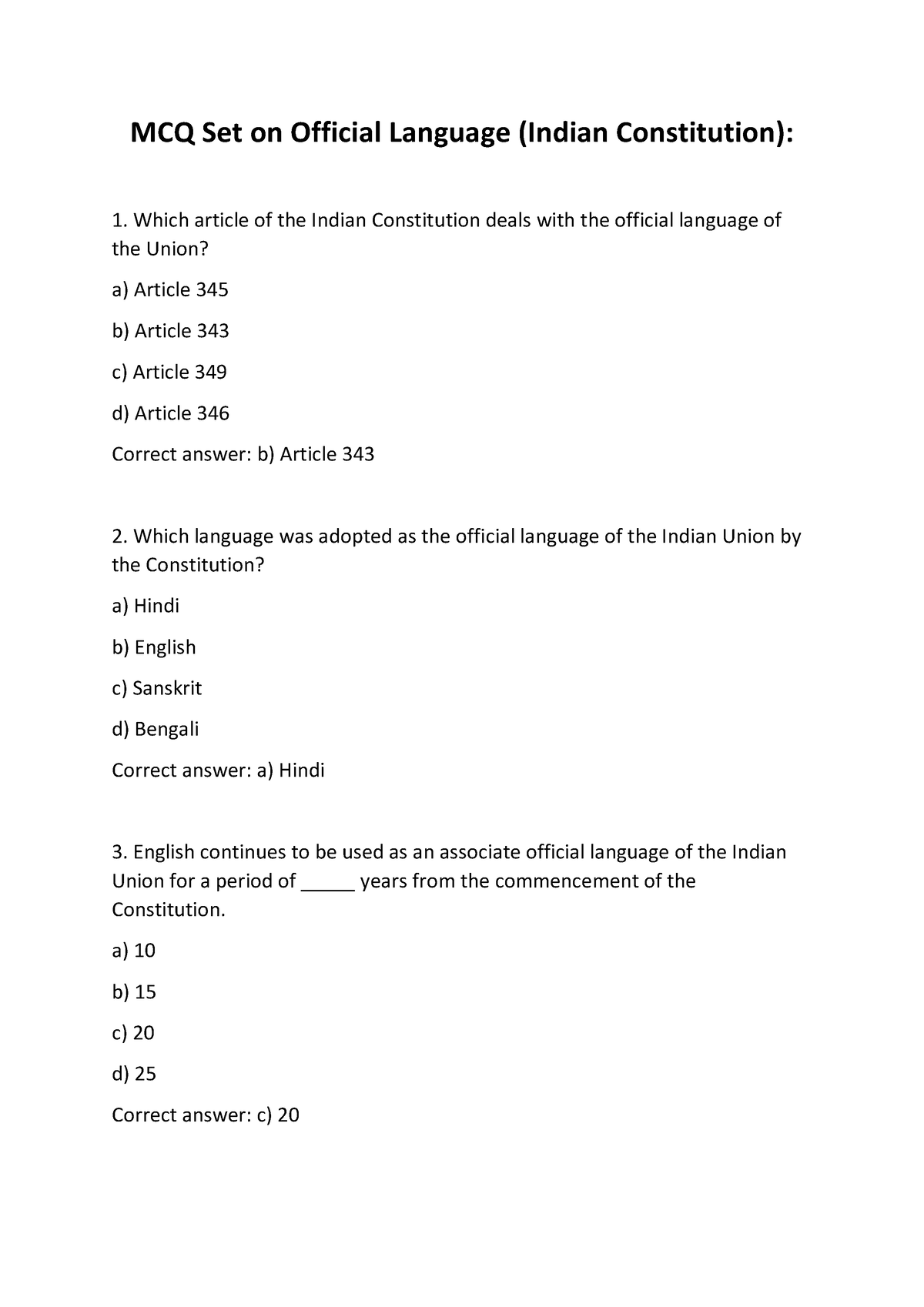 MCQ Set On Official Language (Indian Constitution) - A) 10 B) 15 C) 20 ...