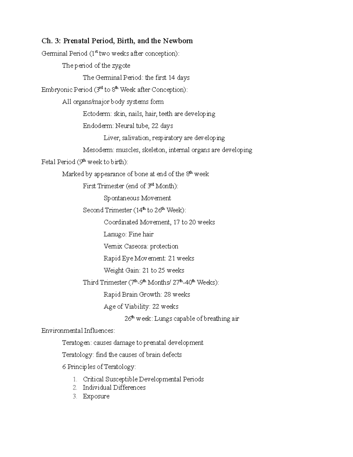 Chapter 3 Notes - Charles White - Ch. 3: Prenatal Period, Birth, and ...