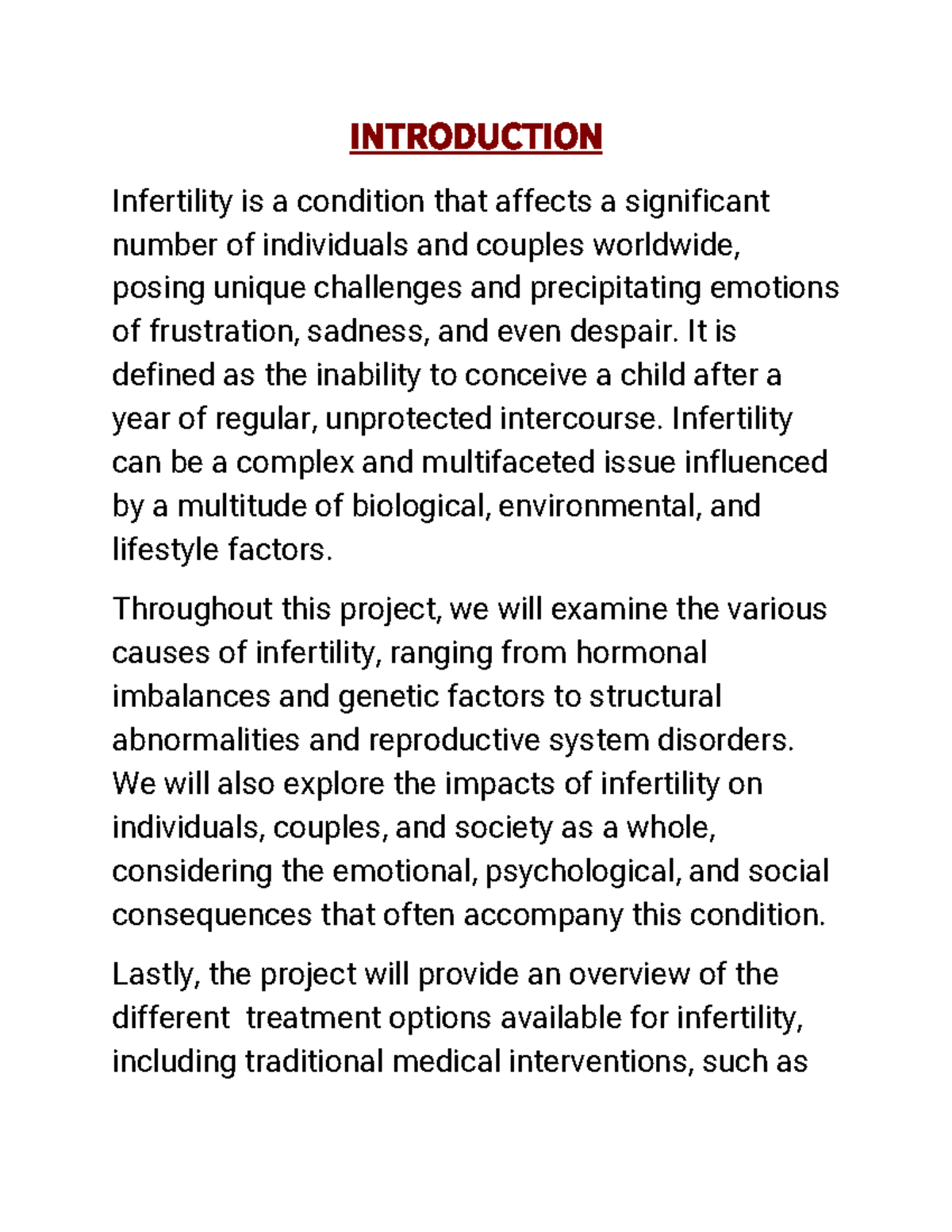 Infertilityyyy - INTRODUCTION Infertility is a condition that affects a ...