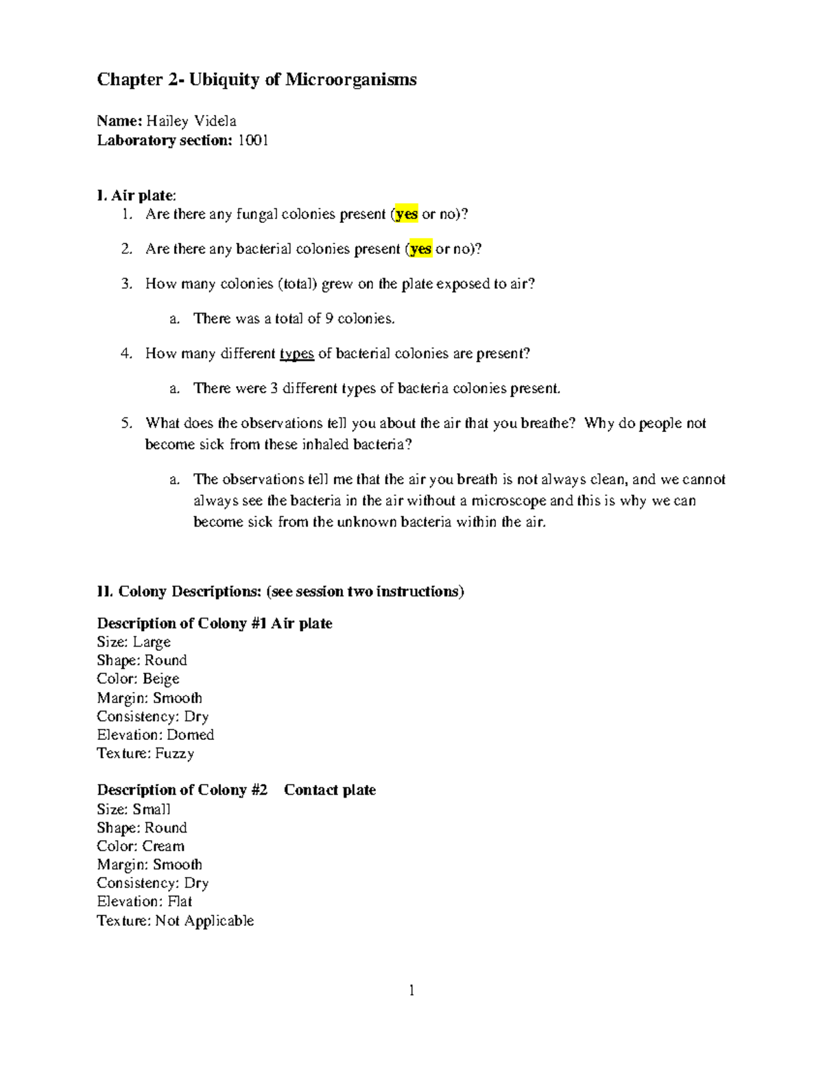 Bio 245 Chapters 2 + 3 Labs - 1 Chapter 2- Ubiquity Of Microorganisms ...