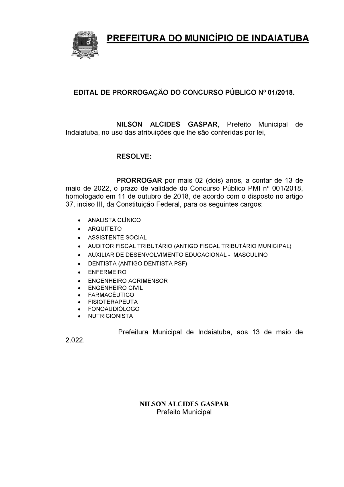 Edital De Prorrogacao De Concurso Publico N 001 13 Prefeitura Do MunicÍpio De Indaiatuba 6619