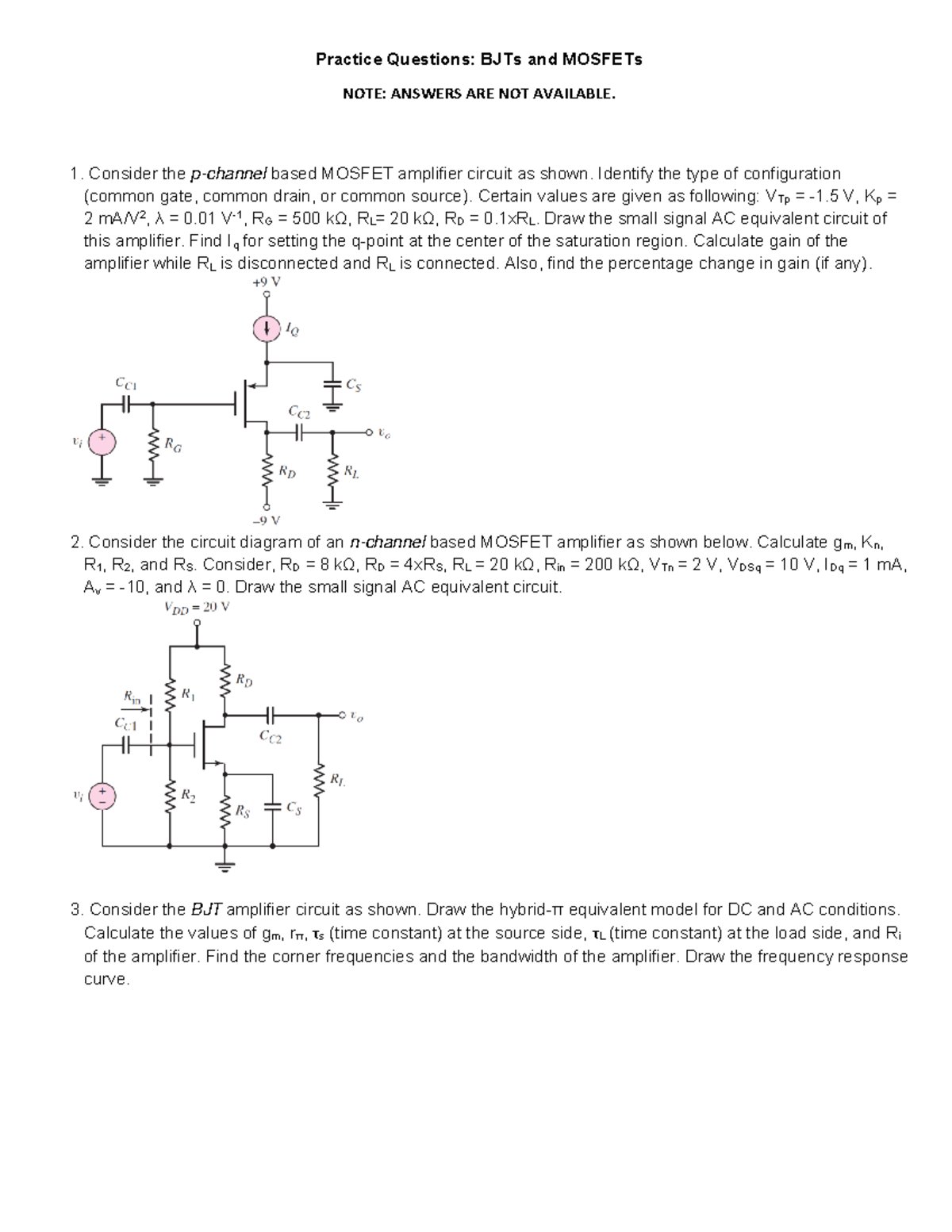 69 EC21101 Practice Questions BJT Mosfet Practice Questions BJTs and