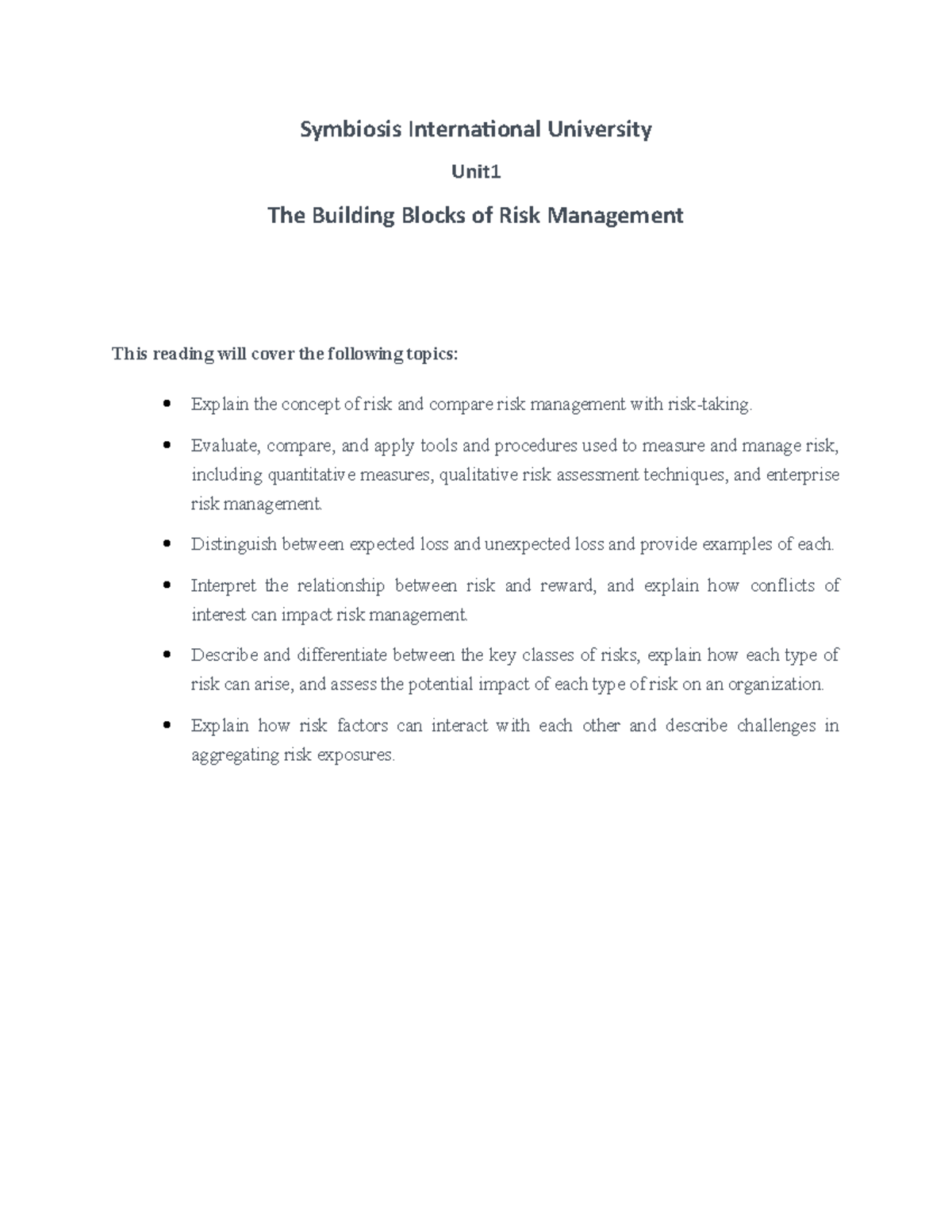 Unit 1 The Building Blocks Of Risk Management - Symbiosis International ...