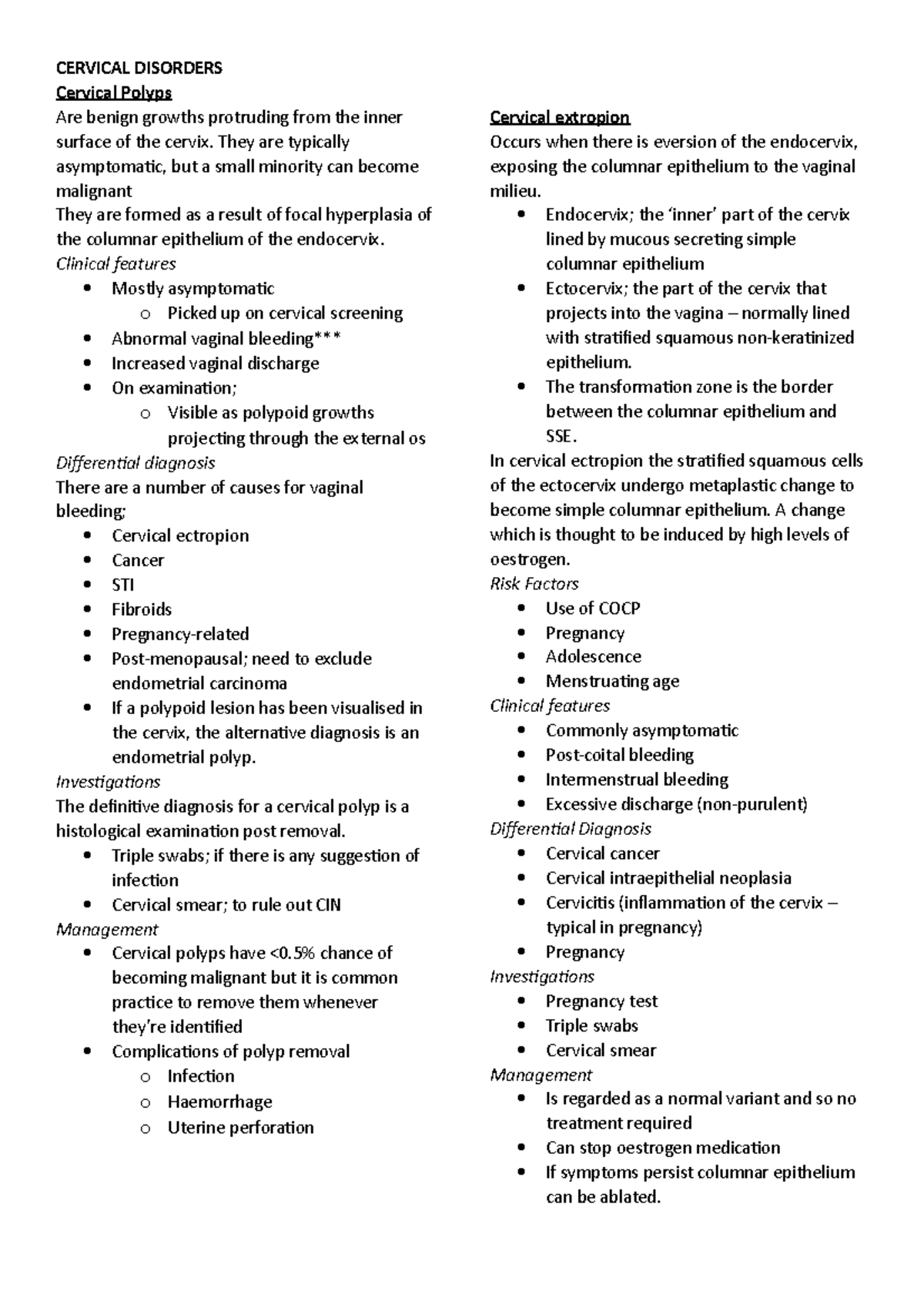 Cervical Disorders - Summary notes - CERVICAL DISORDERS Cervical Polyps ...