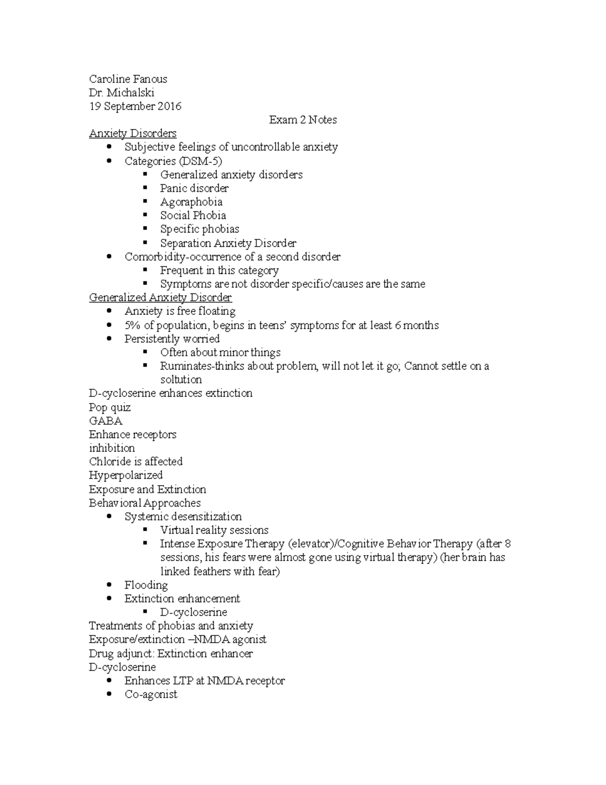 Abnormal Psychology Exam 2 Notes - Caroline Fanous Dr. Michalski 19 ...