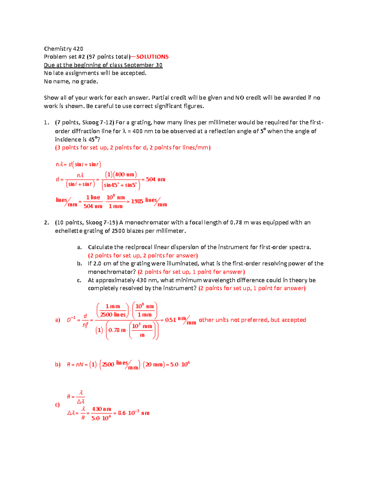 2016 Chem 420 problem set 2 - Chemistry 420 Problem set #2 (97 points ...