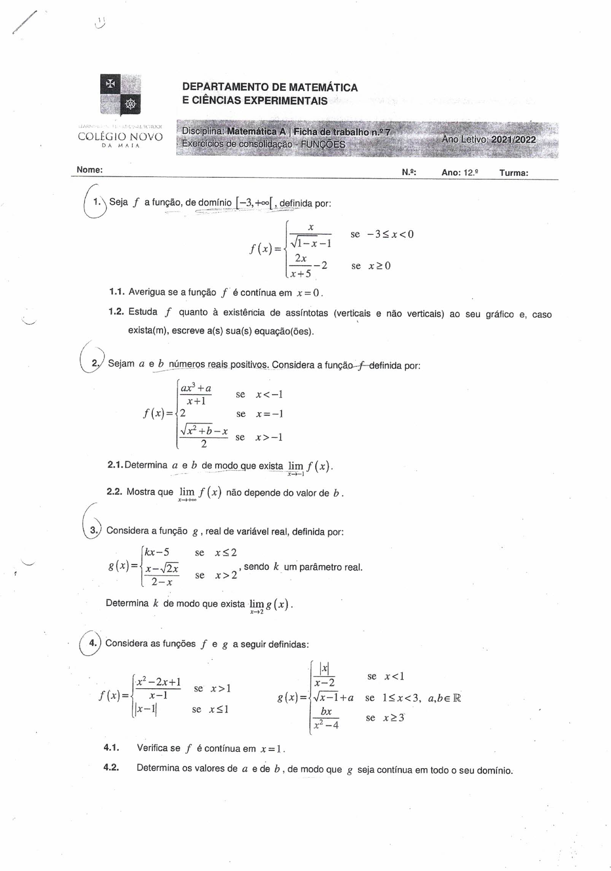 Ficha 7 Consolidação Funções Limite Continuidade Assimptotas E Teorema Bolzano Matemática 6792