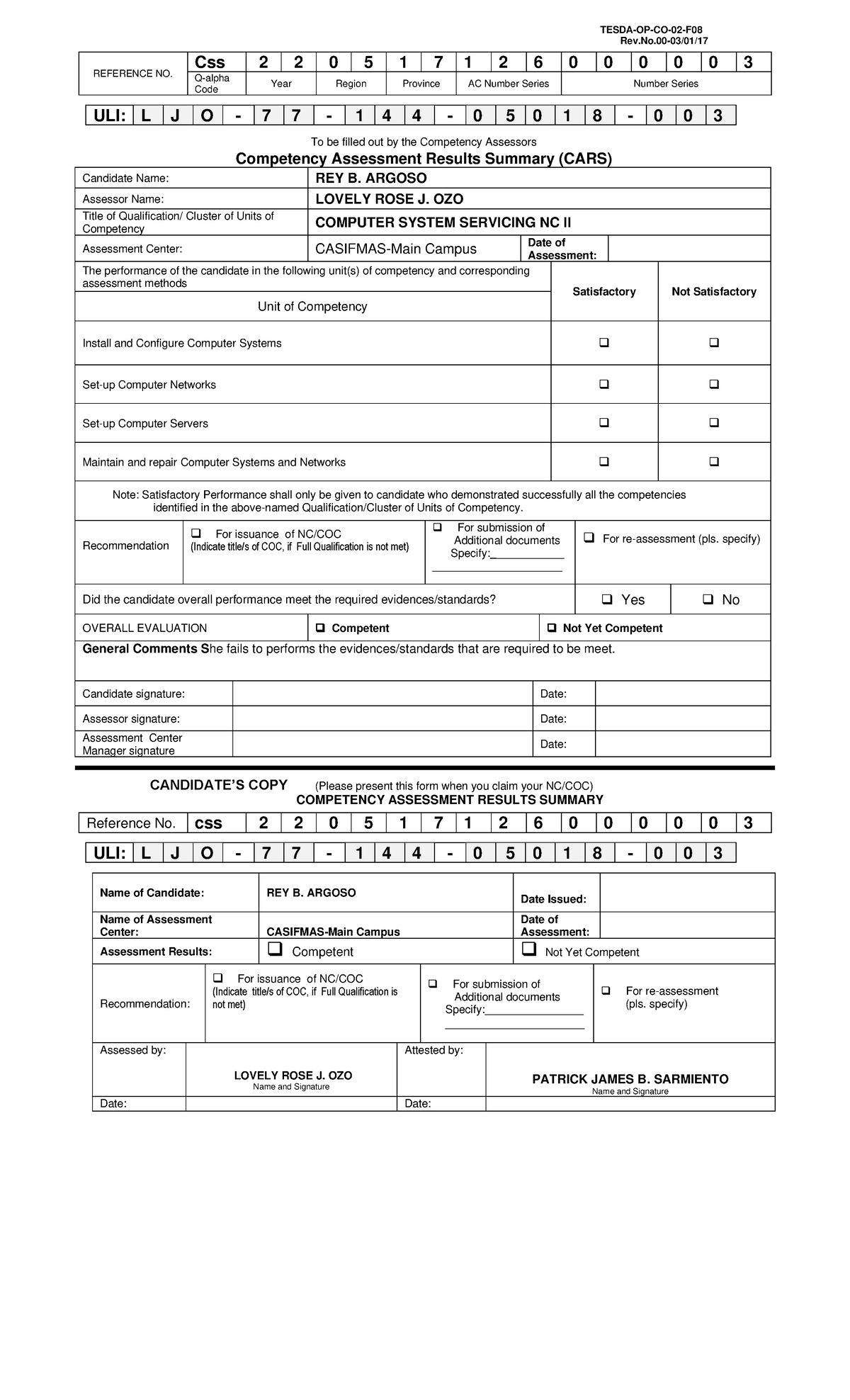 Competency Assessment Results Summary CARS 1 in CCA - TESDA-OP-CO-02-F ...