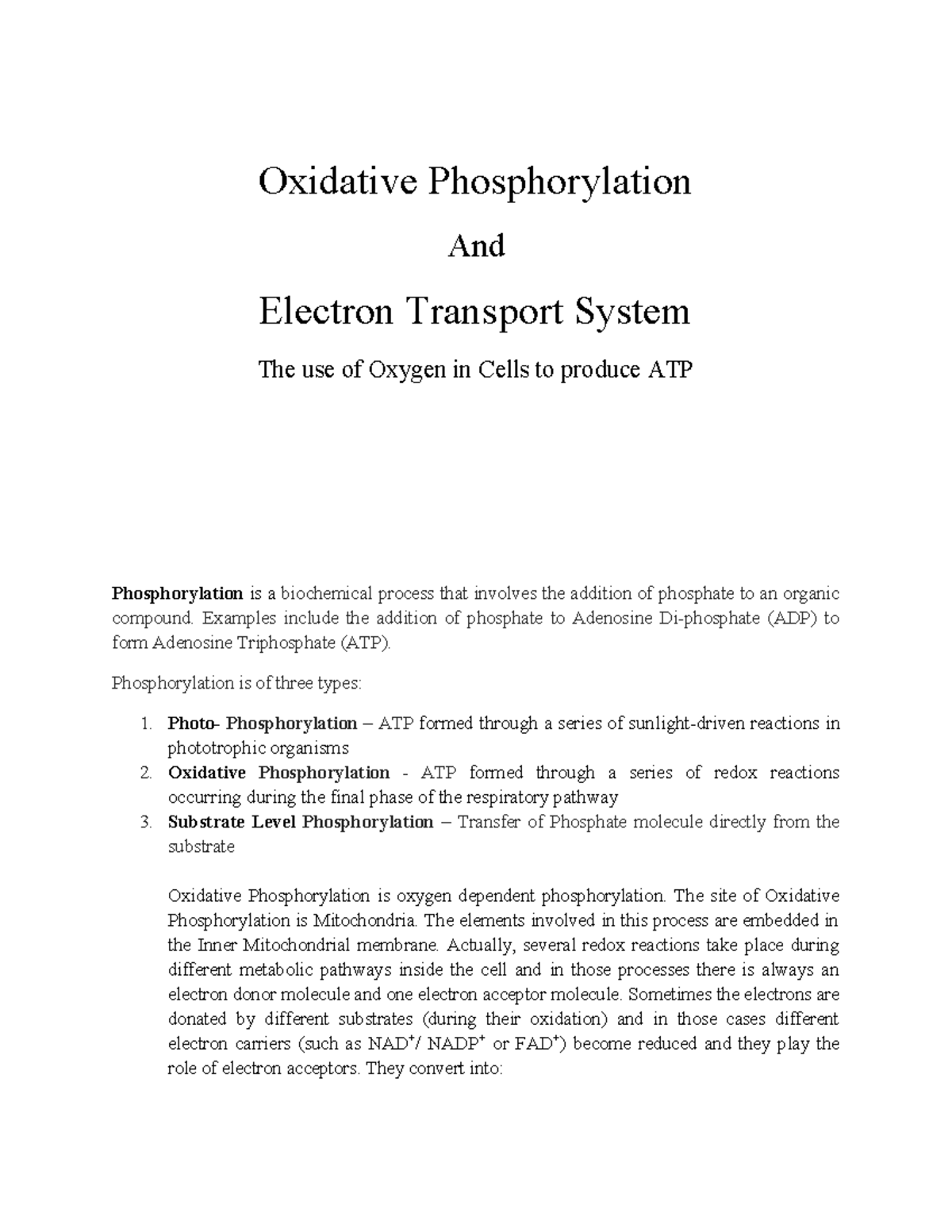 Oxidative Phosphorylation And Electron Transport System - Biochemistry ...