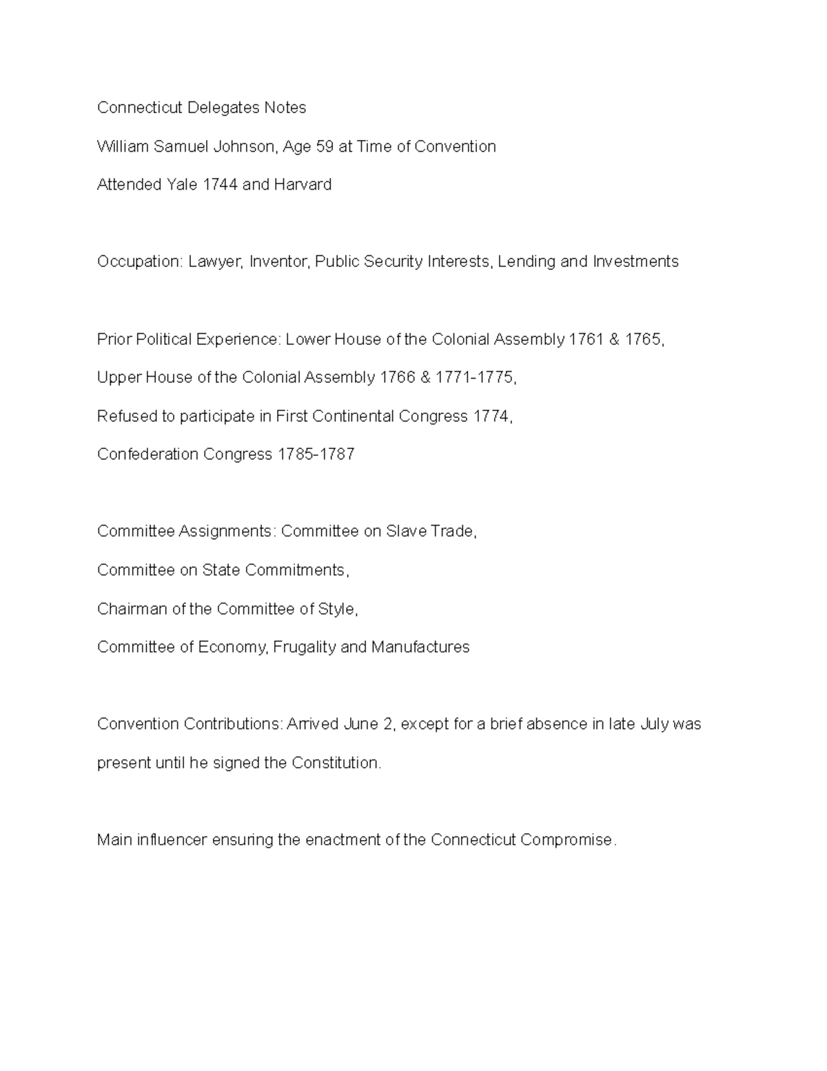 Connecticut Delegates Notes - Connecticut Delegates Notes William ...