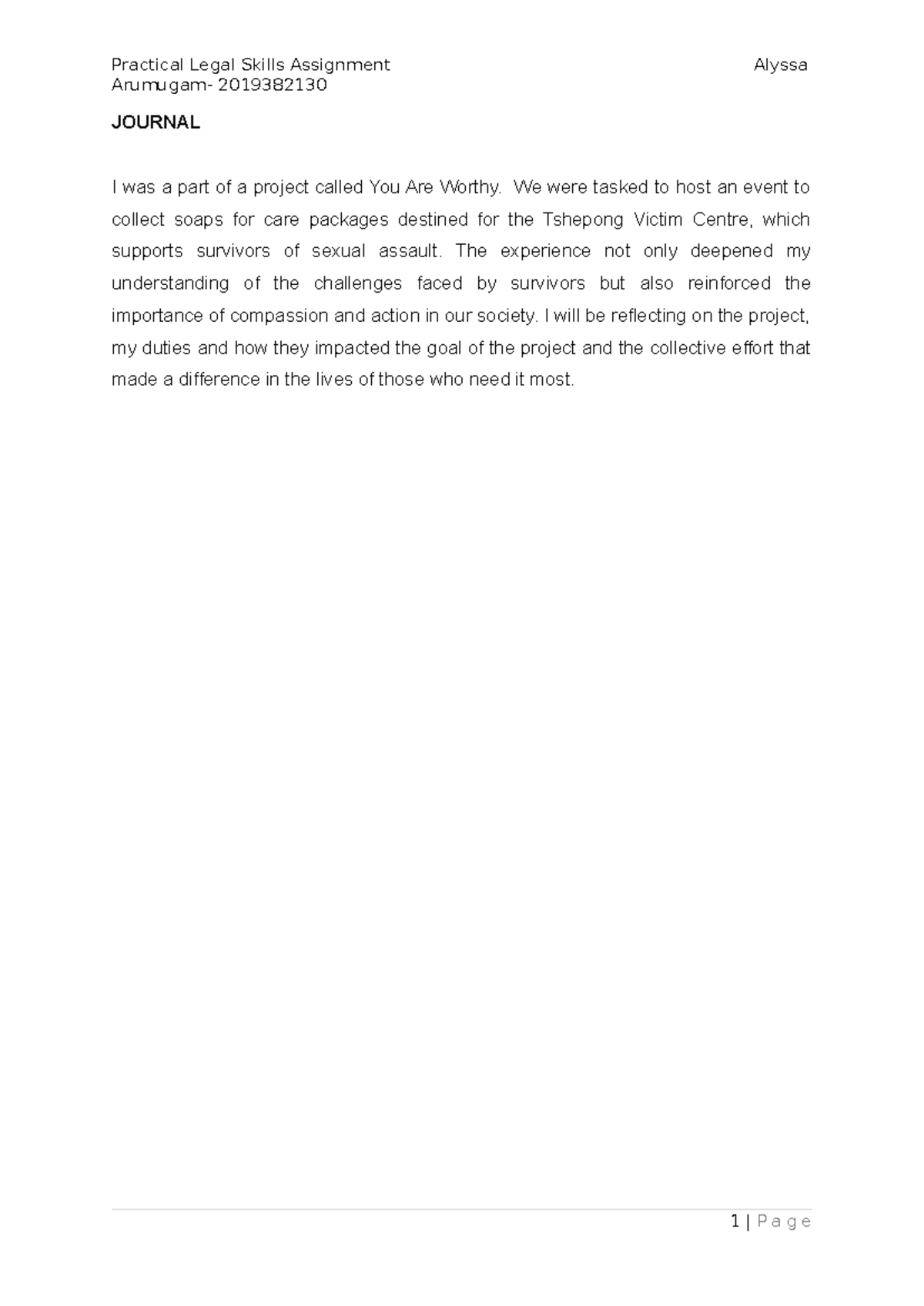 Journal - assignment - Practical Legal Skills Assignment Alyssa ...