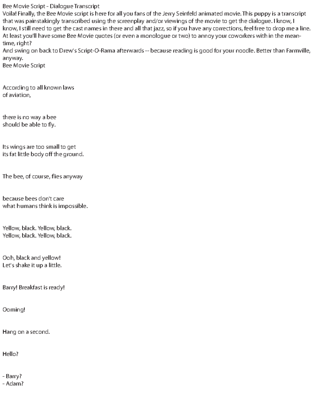 BMS Cstry Notes 0 - Bee Movie Script - Dialogue Transcript Voila ...