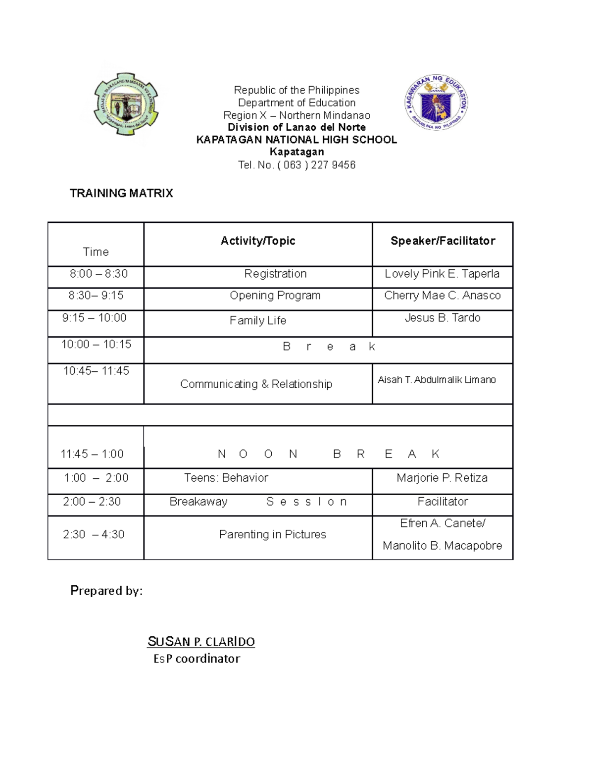 Training Matrix- family day - Republic of the Philippines Department of ...