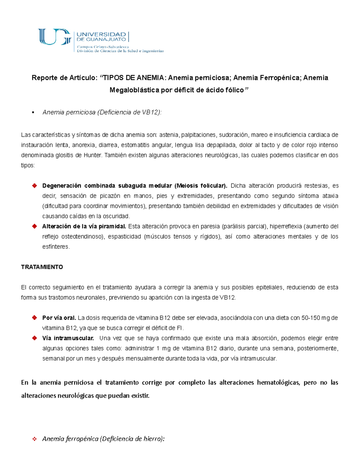Acido folico sintomas anemia