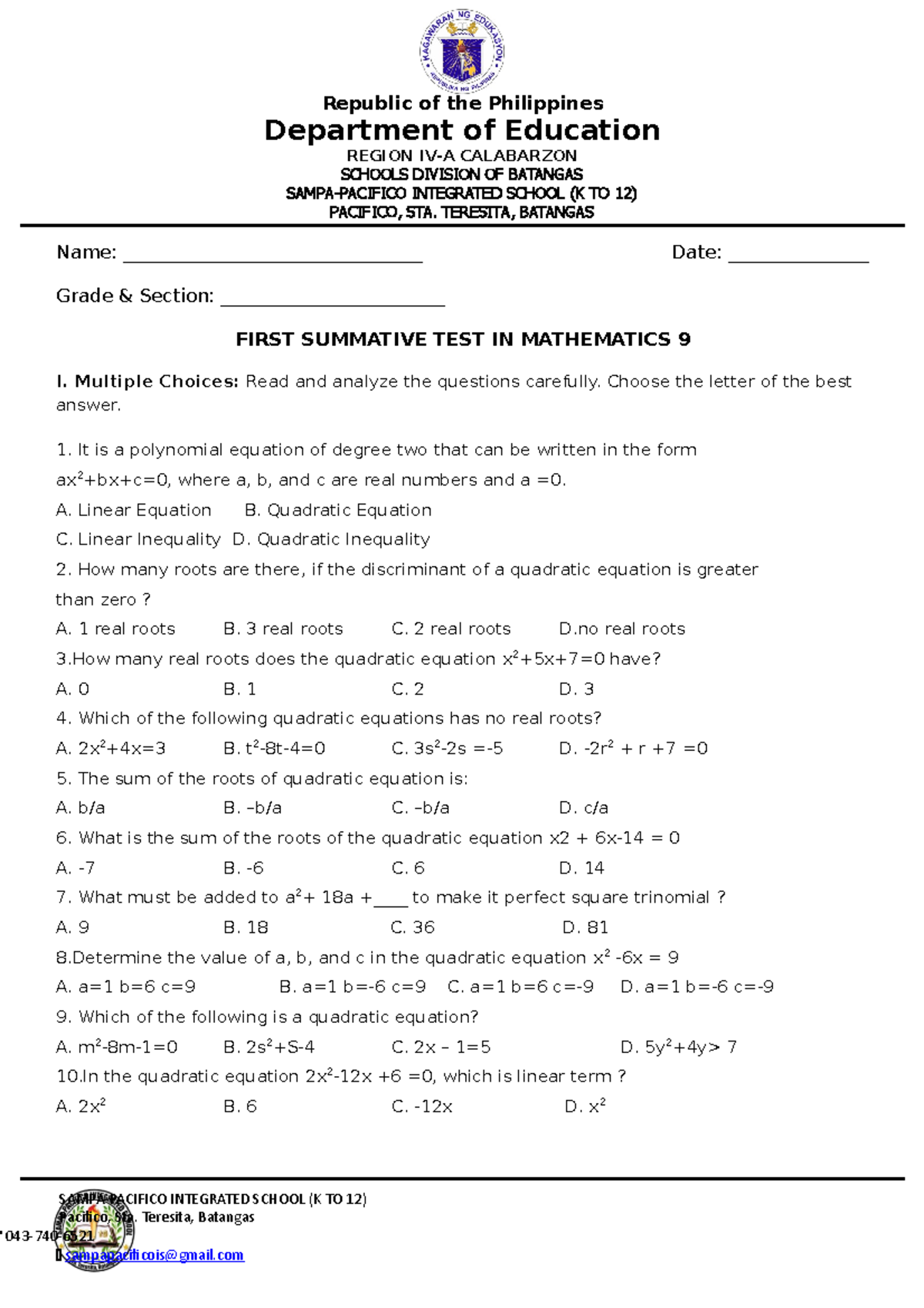 1st summative test in math 9 - Department of Education REGION IV-A ...