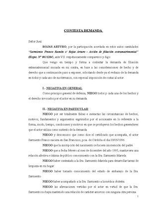 Contestacion Demanda DE Filiación - CONTESTA DEMANDA Señor Juez: ROJAS  ARTURO , por la participación - Studocu