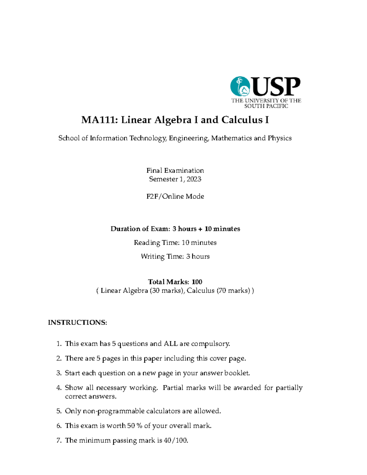Ma11 1 Final Exam 21st April 2023 Ma111 Linear Algebra I And Calculus I School Of Ma11 1 Final Exam 21st April 2023 Ma111 Linear Algebra I And Calculus I School Of