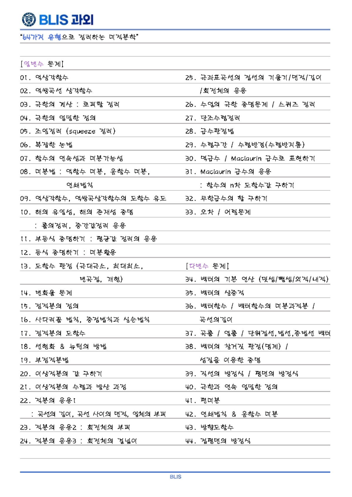 유형별-문제집-목차 - ㅁㅁㅁ - “ 64 가지 유형으로 정리하는 미적분학” [일변수 문제] 01. 역삼각함수 02. 역쌍곡선 ...