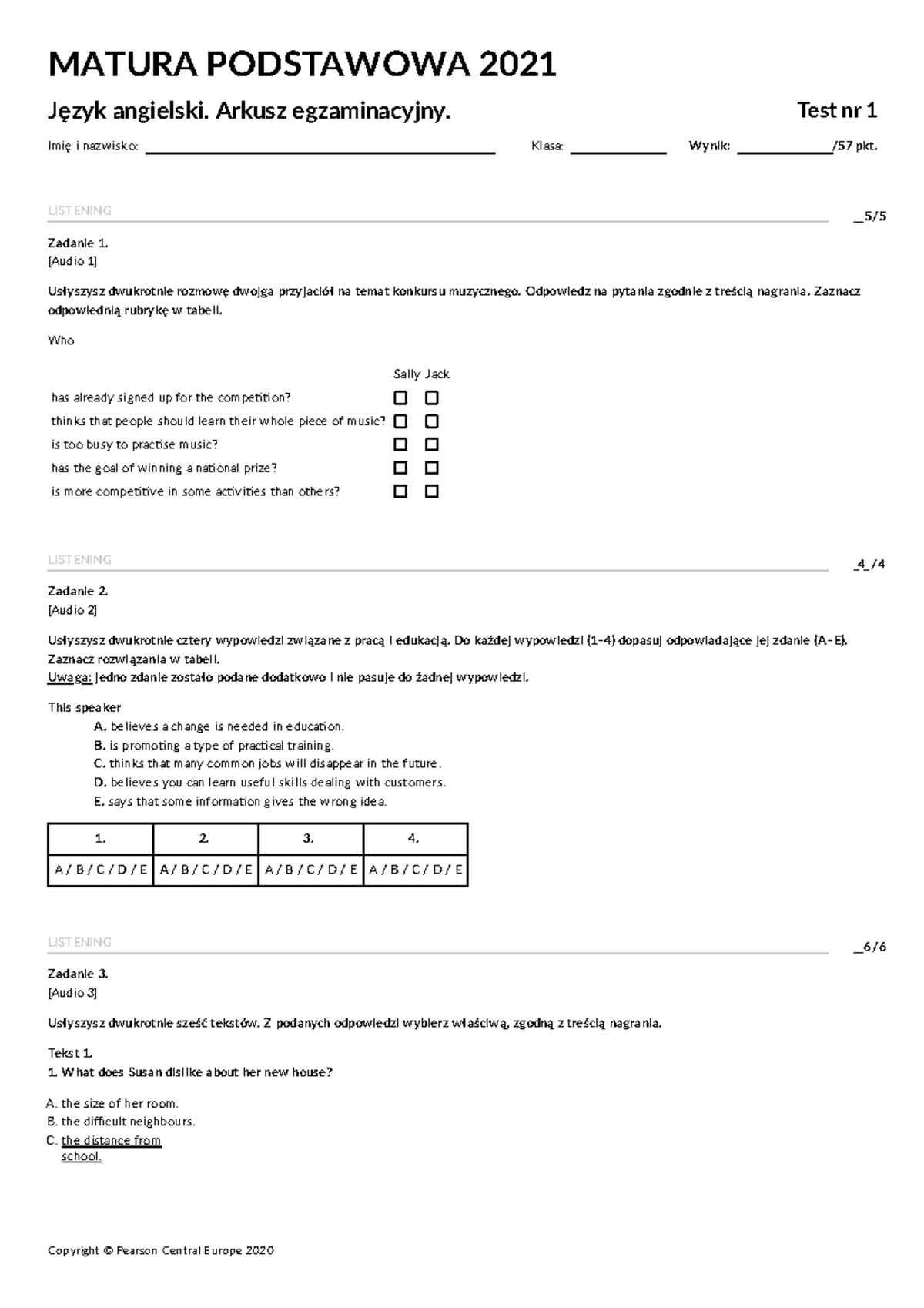Matura podstawowa - Język angielski. Arkusz egzaminacyjny. Test nr 1