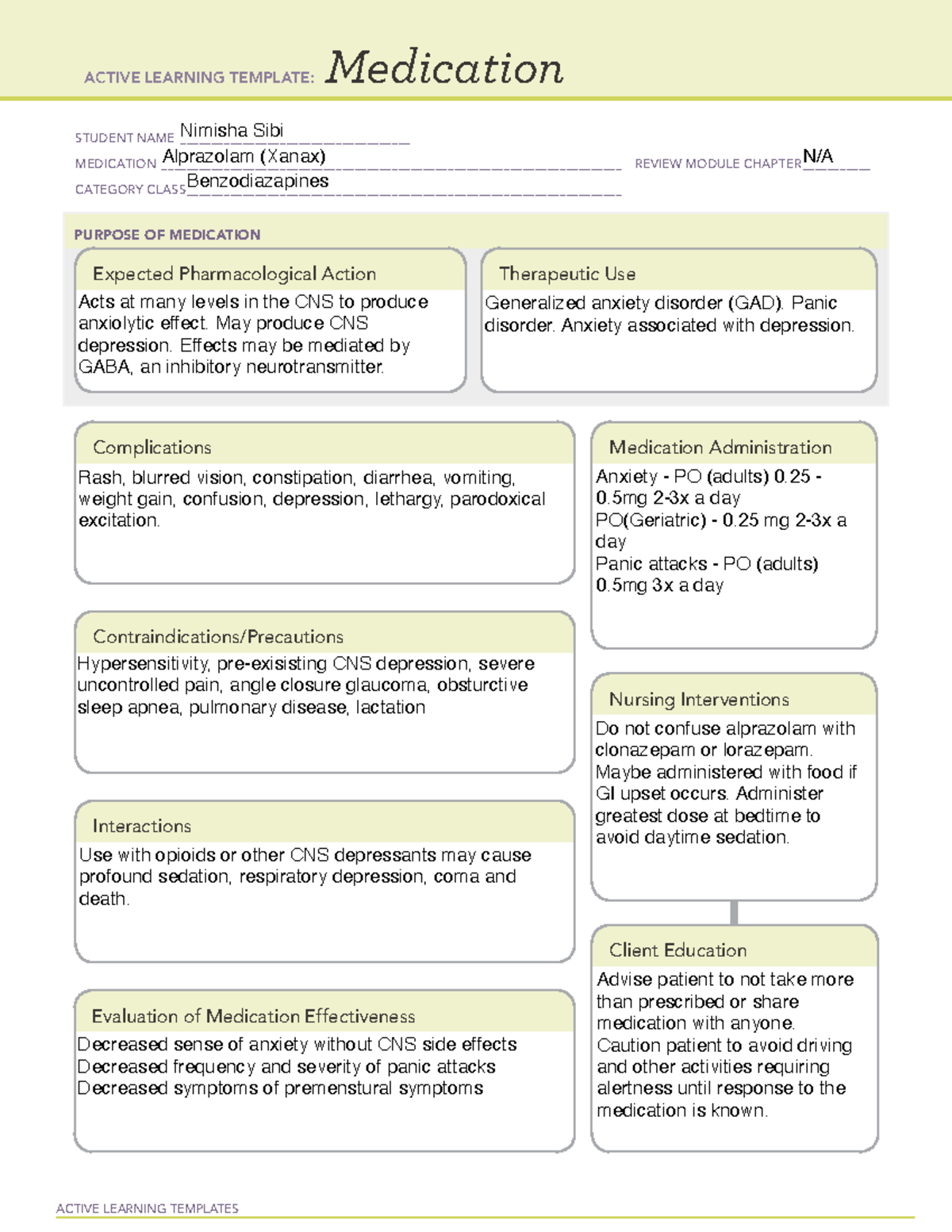 ALT Alprazolam - N/A - ACTIVE LEARNING TEMPLATES Medication STUDENT ...