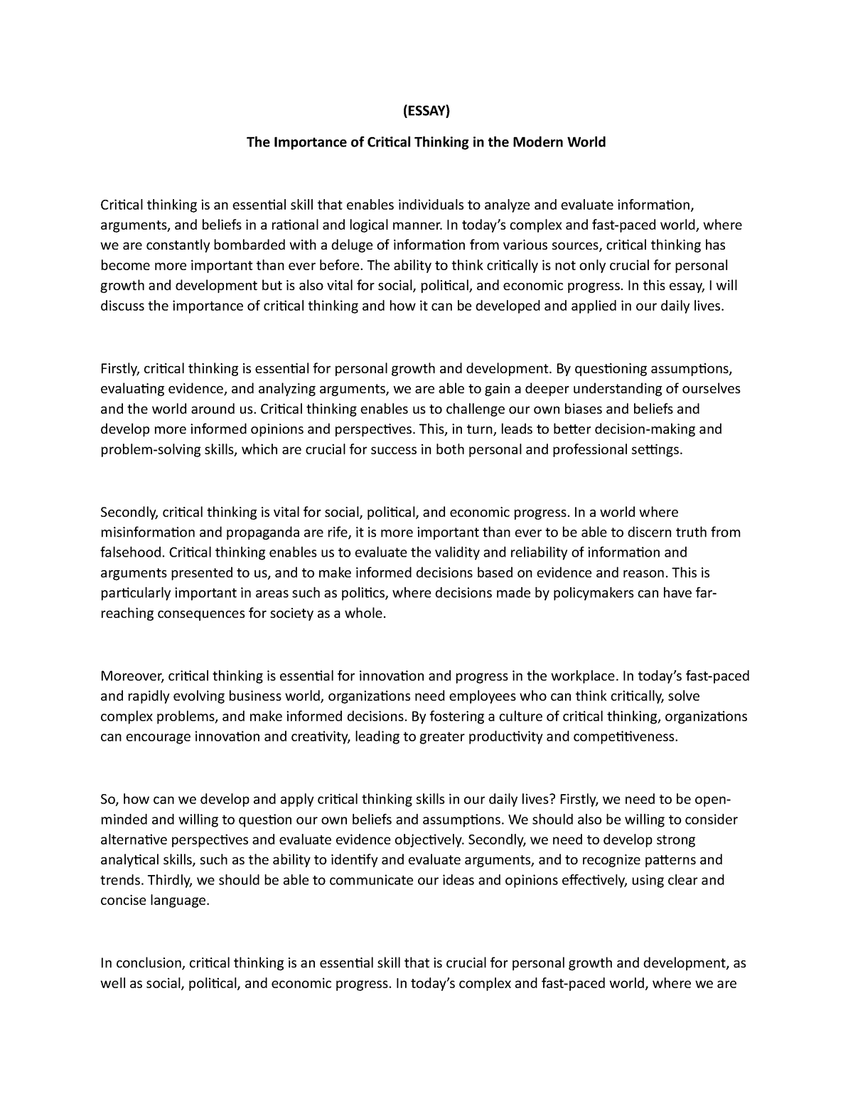 essay on the topic critical thinking