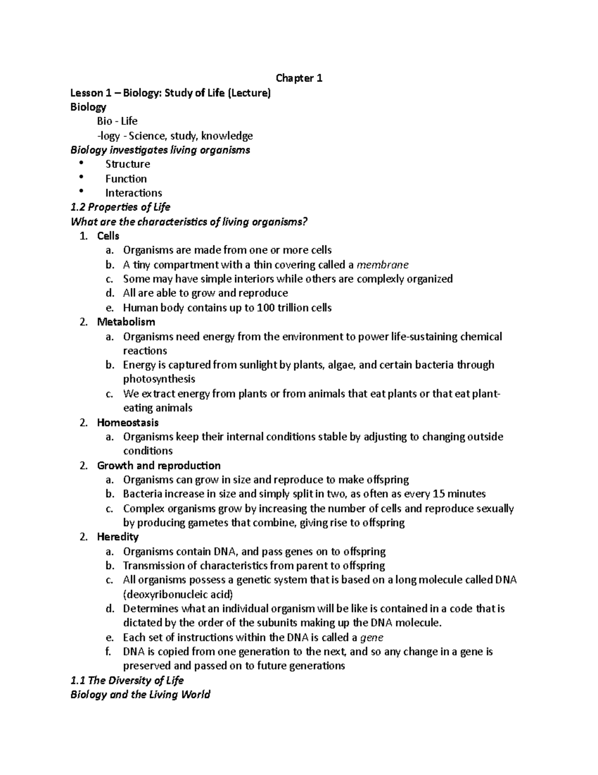 Bio 101 Notes 1 - 10 - BIOL 101 - CSN - StuDocu