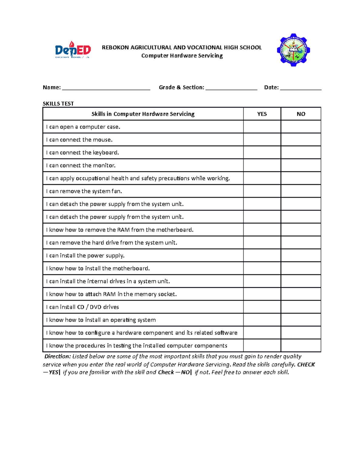 Install Computer System and Networks Self Skill Test Check List ...