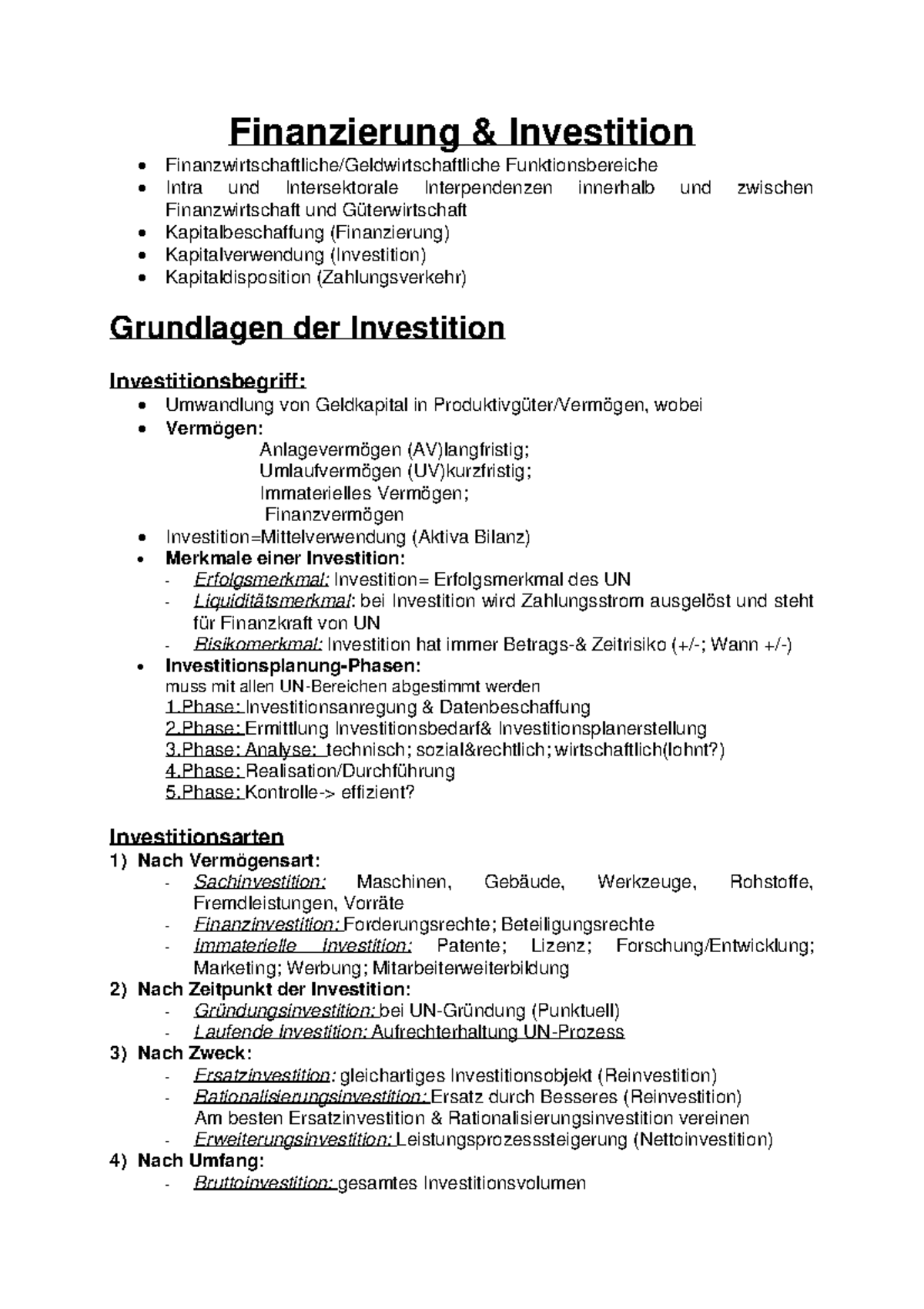 FIN Zusammenfassung - Finanzierung & Investition Finanzwirtschaftliche ...